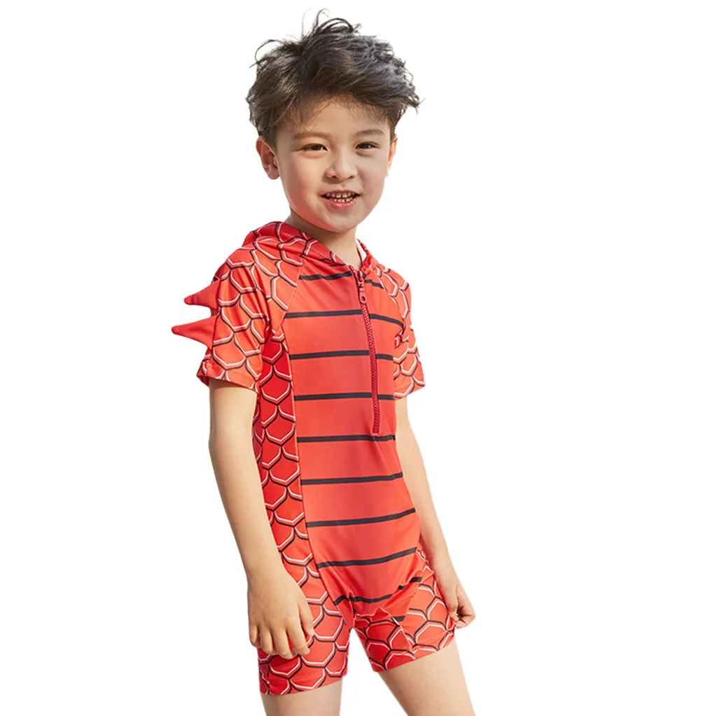Детский купальный костюм с капюшоном и динозавром для маленьких мальчиков пляжный купальный костюм с короткими рукавами для бассейна# XTN - Цвет: Красный