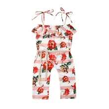 Летние комбинезоны с оборками и цветочным рисунком для маленьких девочек, без рукавов, с открытыми плечами, цветок без шнурка, комбинезоны с принтом, Повседневные детские комбинезоны