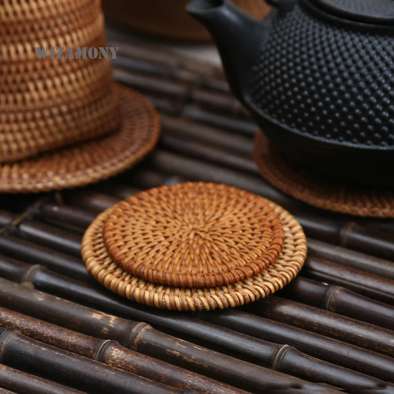 

WIZAMONY Handmade tea mats Rattan coasters saucer iron pot heat insulation pad placemats for table Bamboo teapot tea set