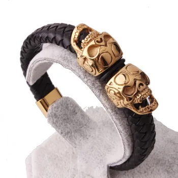 

12mm Fashion Hot Sale Stainless Steel Black Gold Vintage Skull Black Leather Woven Bracelet Chain Cuff Bangle Mens Boys Jewelry