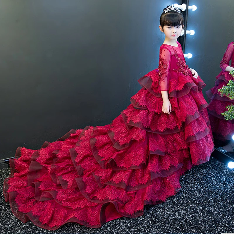 Новые Элегантные Роскошные вечерние платья с цветами для девочек детские Длинные бальные платья платье со шлейфом для первого причастия пышные платья
