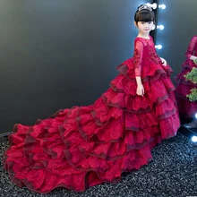 Новые Элегантные Роскошные вечерние платья с цветами для девочек детские Длинные бальные платья платье со шлейфом для первого причастия пышные платья