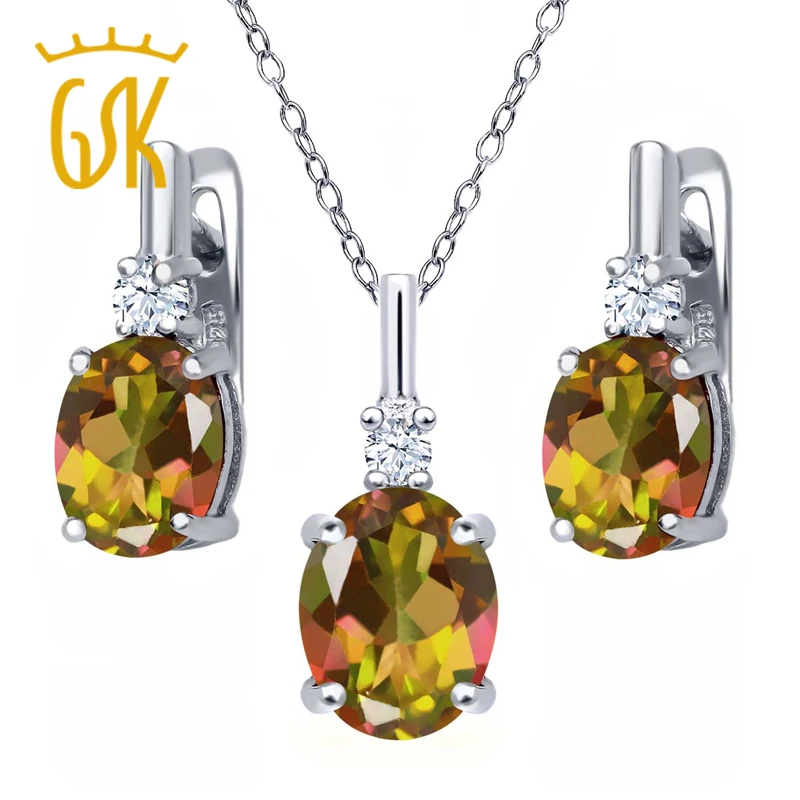 

GemStoneKing 6.95 Ct Mango Mystic Topaz White Created Sapphire Pendant Earrings Set 925 Sterling Silver Jewelry Set For Women