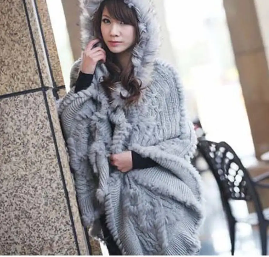 

High Quality winter Korean Fashion Faux rabbit fur Stitching knitting Hooded cloak Faux Fur gray/black causal Faux Fur cloak
