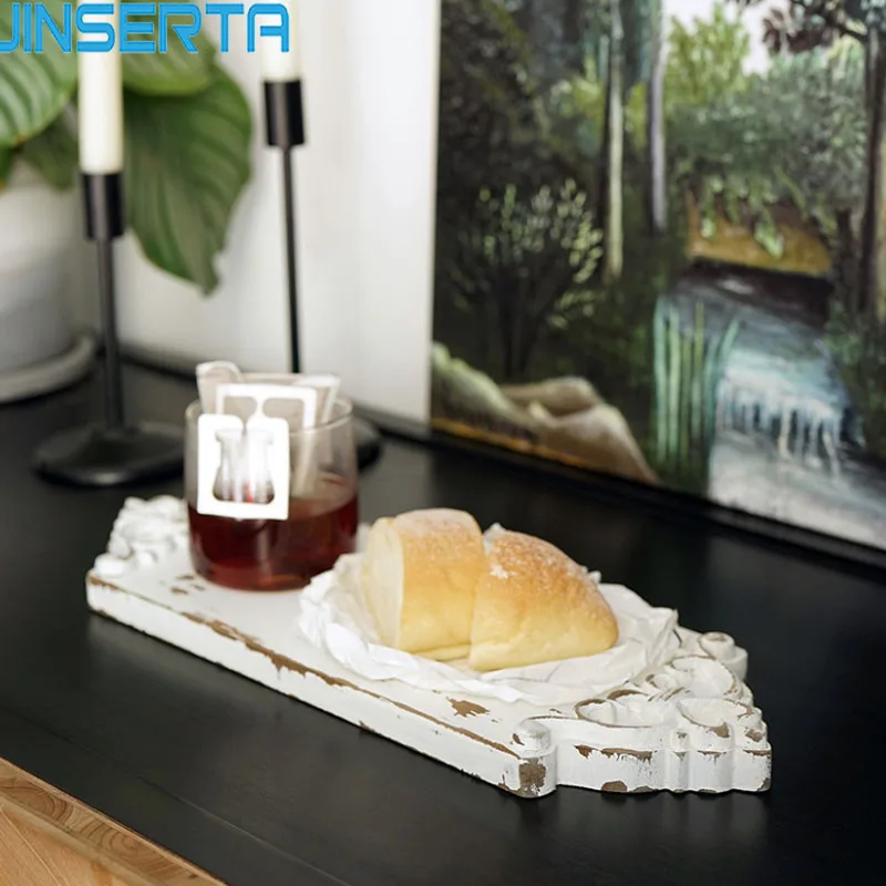 

JINSERTA Wooden Storage Tray Fruit Cake Dessert Bread Tea Coffee Plate Retro White Jewelry Display Tray Home Desktop Organizer