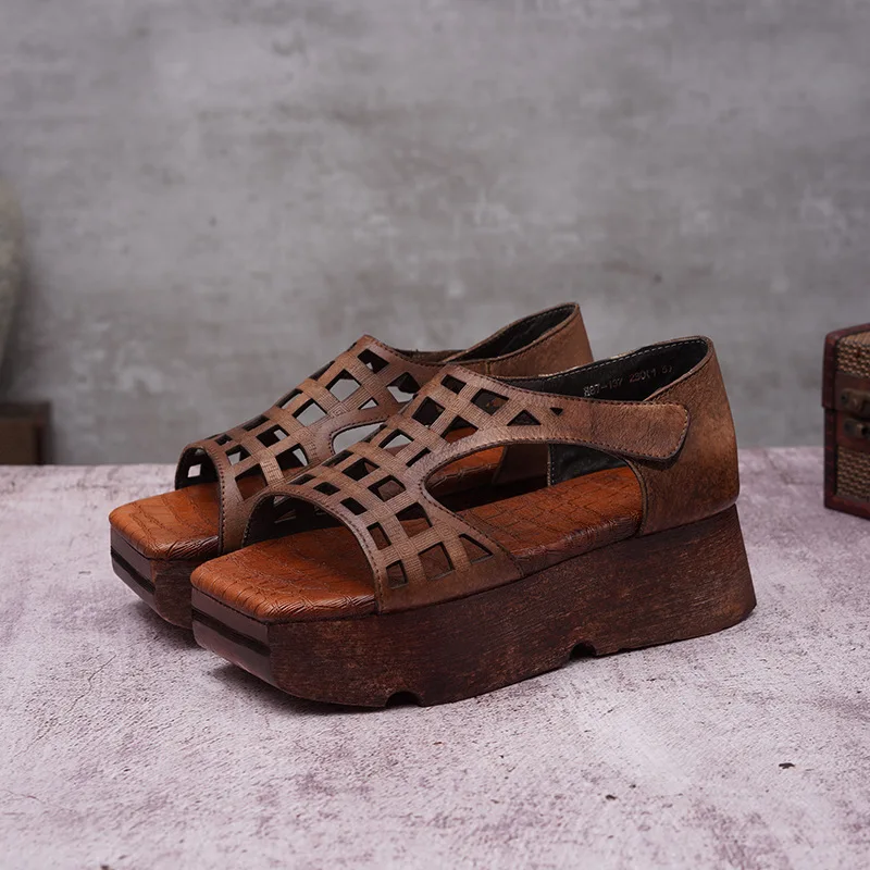 Women Leather Sandals Wedges Shoes 5 Cm High Heels Chunky Sandals Women Handmade Genuine Leather Retro Shoes Brand Summer 2019