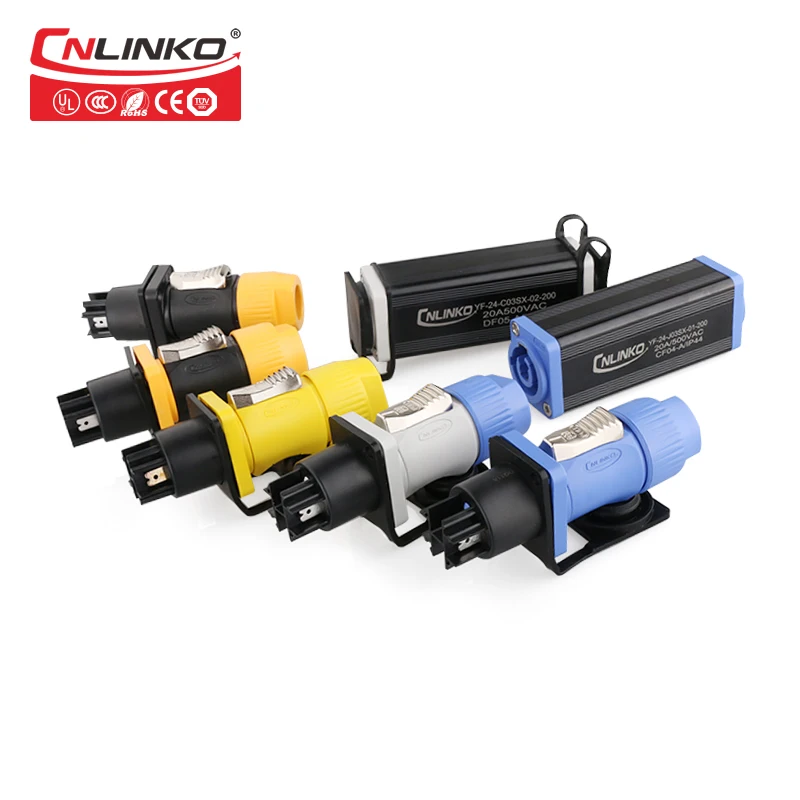 

Multi-color Quick Locking Cnlinko YF24 Series 3 Pin 20A Plug And Socket Waterproof Powercon Audio Video Speaker cable Connector