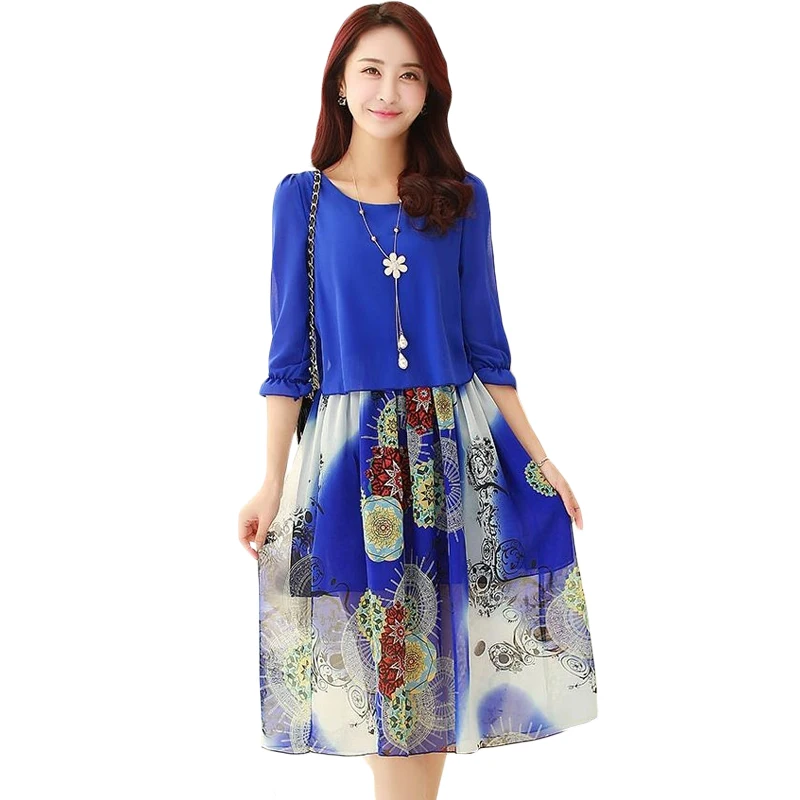 Middle-Aged Women's Vintage Print False Two Pieces Elegant Chic Casual Dress Women Summer Elastic Waist Chiffon Dress Midi XH337