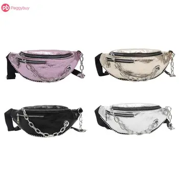 

Fashion Attractive Shining Sparkly Sequins Chain Cracked Leather Fanny Pack Waist Bag Women Shoulder Crossbody Chest Bags