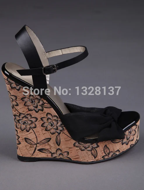 Summer Women's High Heels Black Wedge Platform Women Genuine Leather Pumps Women Pumps Wedges Flower Printed Thick Heel Shoes