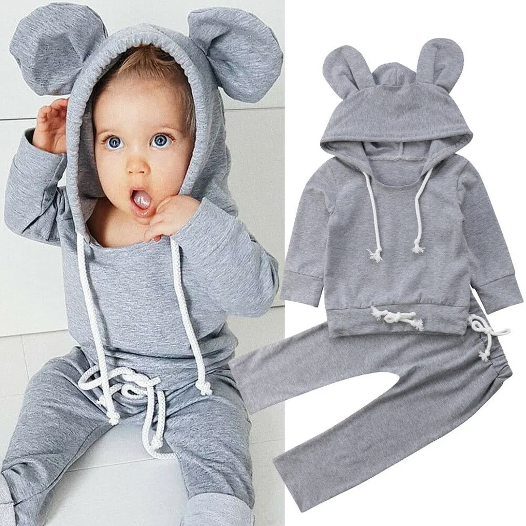 

0-2Y Autumn Spring Lovely Toddler Baby Girls Clothes Sets 2PCS 3D Ears Hooded Pullover Gray Tops+Ruffles Plaid Pants Sets