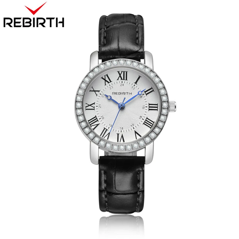 

REBIRTH Business women's watches with rhinestones Quartz Movement Ladies Wristwatches Leather Bracelet Diamond Clock Gift Box