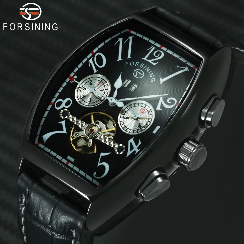 

FORSINING Top Brand Luxury Auto Mechanical Watch Men Tourbillon Skeleton Dial 2 Sub-dial Date Display Leather Strap Wristwatch