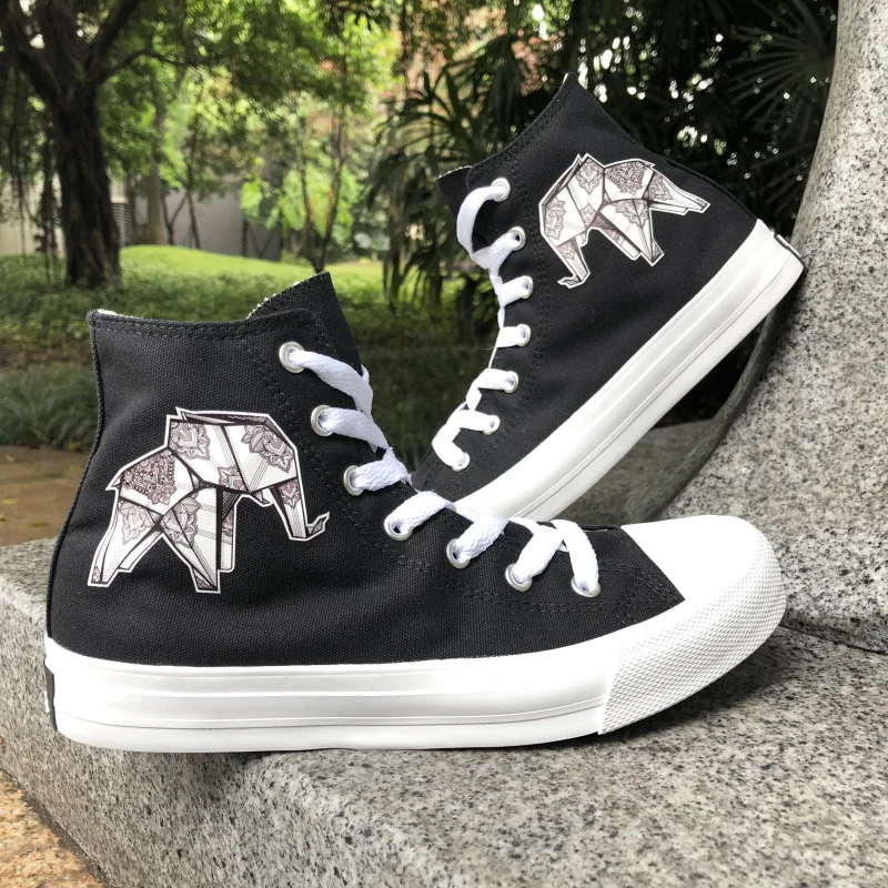 

Wen Flats Original Creative Flexagon Paper Folding Elephant Figure Design High Top Black White Man Woman's Canvas Sneakers