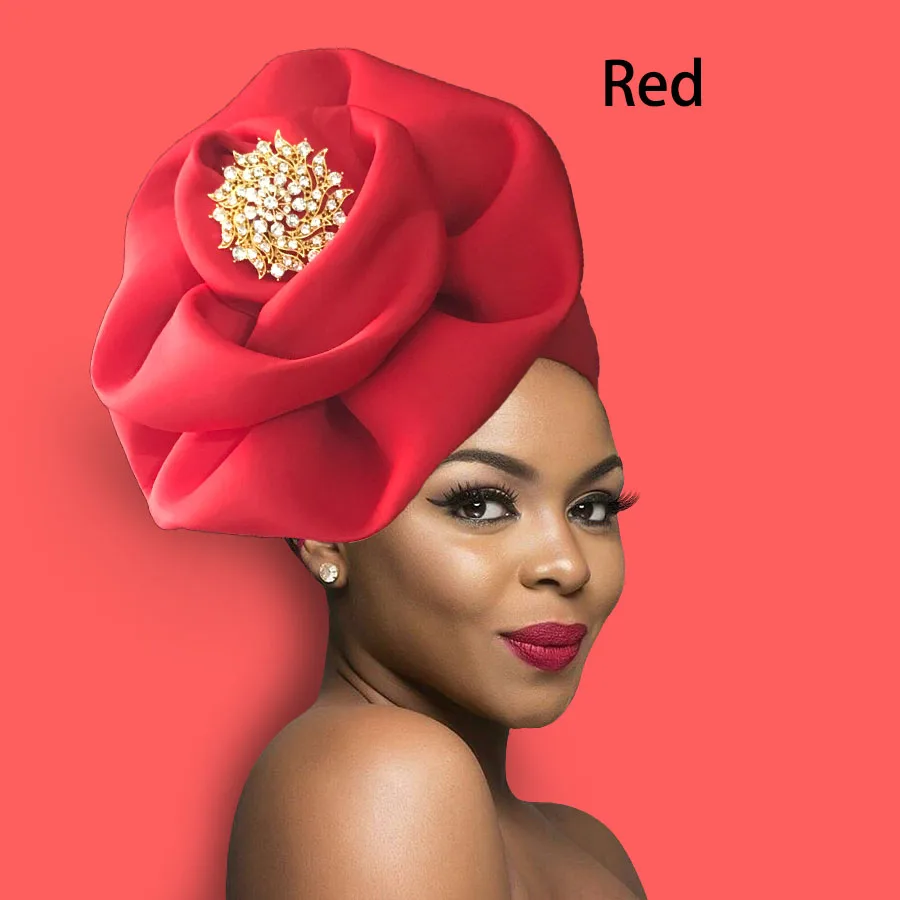 Women turban cap fashion flower decorate traditional African headtie solid headwrap cap (7)