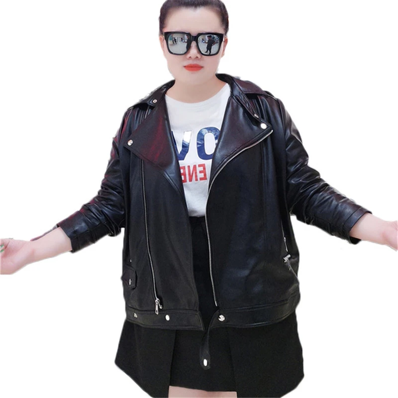 Кожаная одежда, осенне-зимнее пальто, большой размер, уличная одежда, Женская куртка, свободная, искусственная кожа, сплайсинг, большой размер, женская черная куртка, J460-1