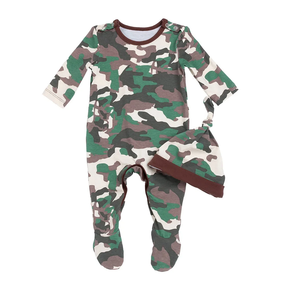 

Baby BoyFooties 2PCS 100% Cotton Long Sleeve O-neck Baby Jumpsuit Hat Camouflage Pattren Baby onesise Newnorn Boy Clothes 0-3m