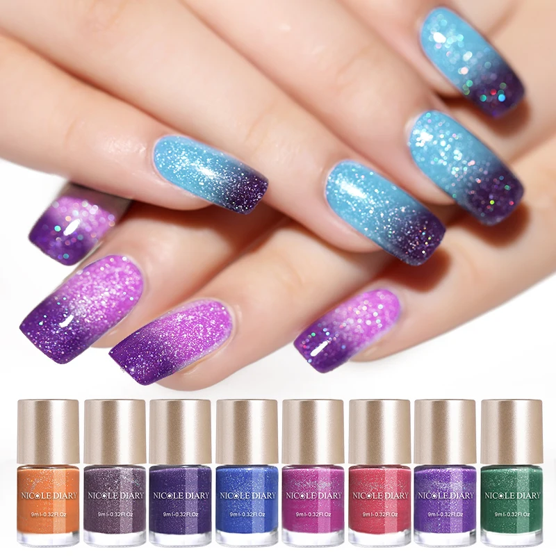 

NICOLE DIARY 9ml Thermal Nail Polish Shinny Glitter Shimmer Purple Color Changing Water-based Manicure Nail Art Lacquer Varnish