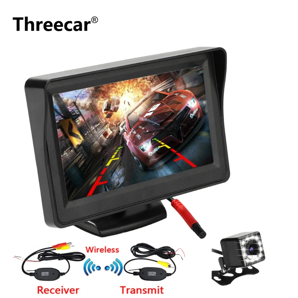 Threecar 4 3 TFT LCD Car Monitor Back Up Reverse Parking Camera 8LED CCD Waterproof Vehicle