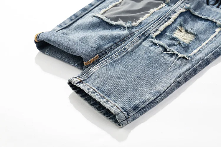 Светоотражающие Для мужчин узкие Рваные джинсы 2018 Винтаж байкерские джоггеры Проблемные отверстий мешковатые Denim Slim Fit Повседневное брюки