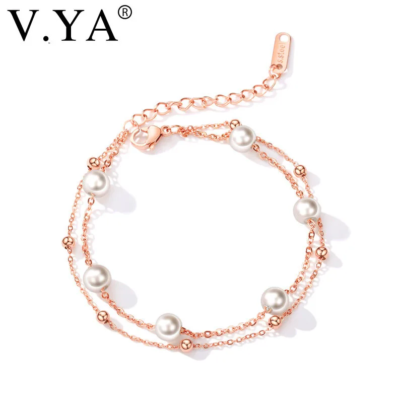 

V.YA Double Layers Pearl Women Bracelets Fashion Stainless Steel Wedding Charm Rose Gold Color Link Chain Bracelets Drop Ship