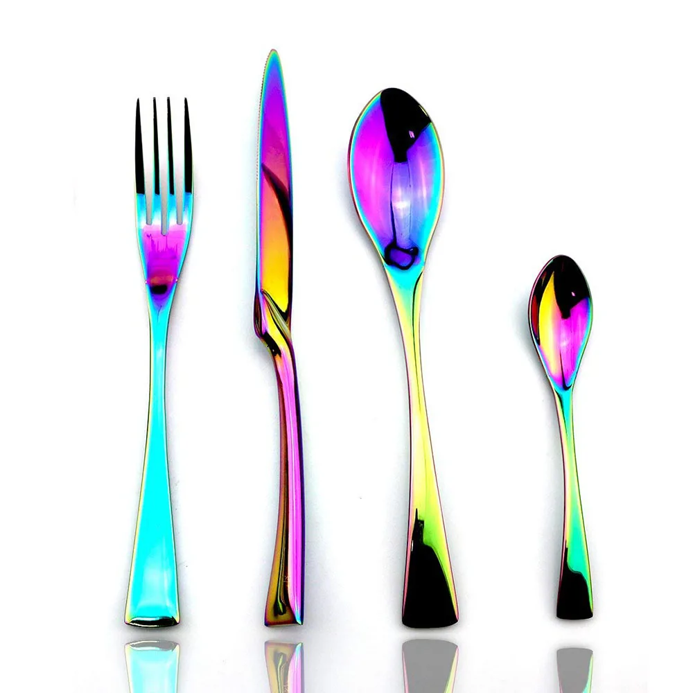 

24 Pieces Stylish Flatware Cutlery Set 304 Stainless Steel Rainbow Dinnerware Knives Service Forks Spoons Tableware Dinner Set