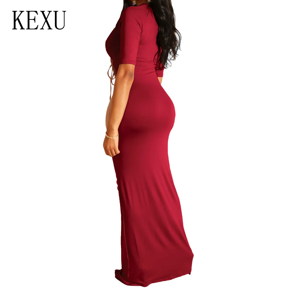 KEXU Women Autumn O Neck Half Sleeve Maxi Dress Fashion Black White Party Hollow Out Bodycon Bandage Casual Floor-length Dresss