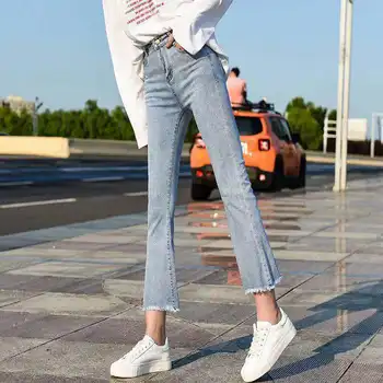 

Women Spring Elastic Loose Denim Pocket Button Casual Boot Cut Pant Jeans Female High Waist Straight Line Button Flare Jeans