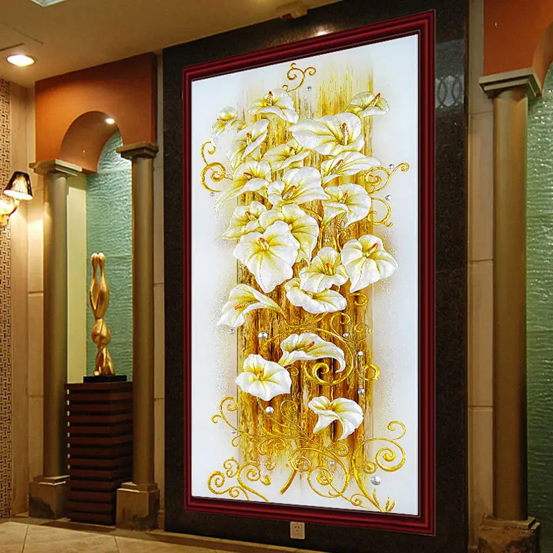 5d Diy Diamond Painting Cross Stitch Golden Lily Diamond Embroidery Flowers Crystal Round Diamond Mosaic Pictures