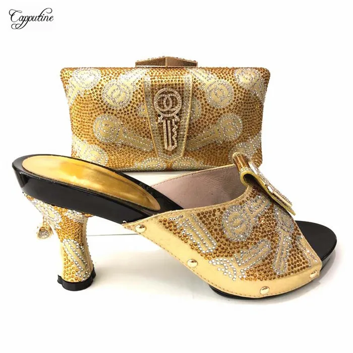 

Amazing high heel gold high heel pump shoes with handbag sets nice sandal and bag for lady 6636-9, heel height 9cm