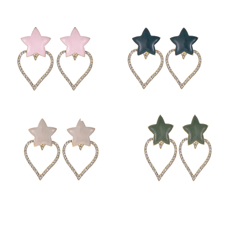 

ZHINI Crystal Heart Star Drop Earrings for Women Long Statement Earrings Fashion Party Handmade Tassel Earrings Accessories