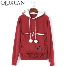 QIUXUAN Plus Size Long Sleeve Embroidery Women Big Pocket Sweatshirts With Cuddle Pouch Dog / Cat Pet Hoodies Casual Pullovers