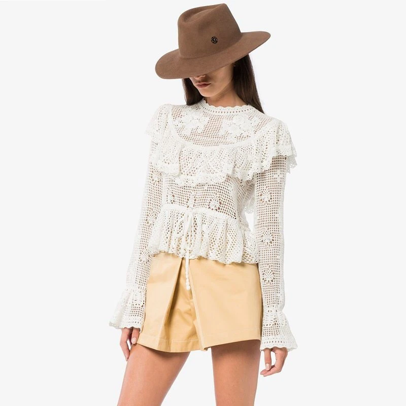 

2019 Spring ZIM Designer Runway Blouse Women Vintage Ruffles Flare Sleeve Lace Shirt Female Sexy Fashion Tops