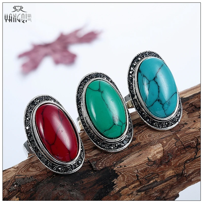 

Vintage Black Crystal Stone Rings Boho Calaite Stone Women Bague Antique Silver Plated Blue Aneis Male Bijoux