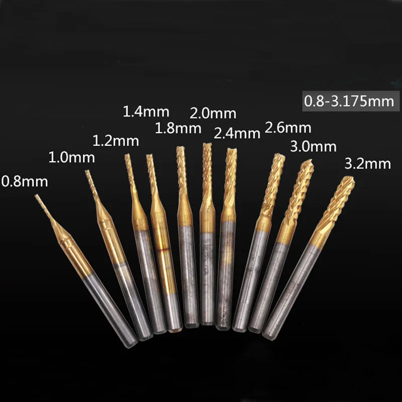 

10pcs 0.8mm-3.175mm Titanium Coated Carbide End Milling Cutter Engraving Edge Cutter CNC Router Bits End mill for PCB Machine