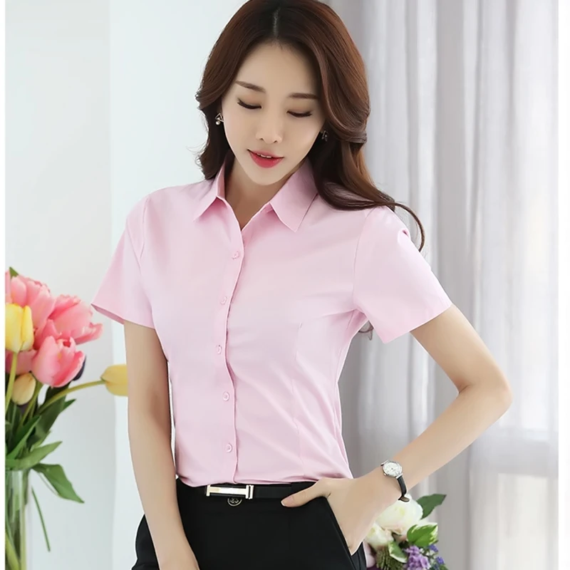 Korean Fashion Summer Cotton Tunic Women Solid Shirts White Short Sleeve Blouses Ladies Wear Office Work Pink Slim Tops 2019 New