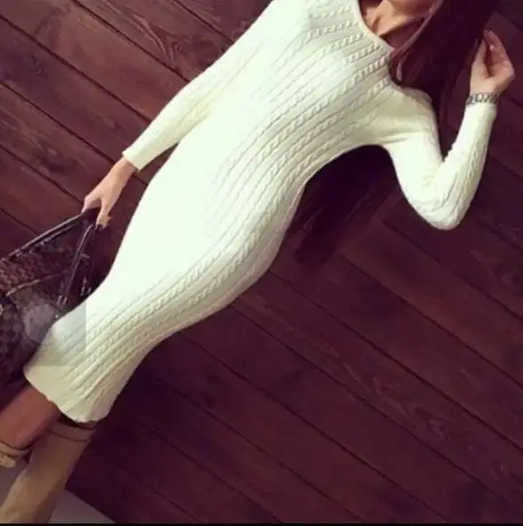 

2019 Newest Autumn Winter Women O-Neck Solid Color Long Sleeve Knee Length Knitted Slim Sweater Dress