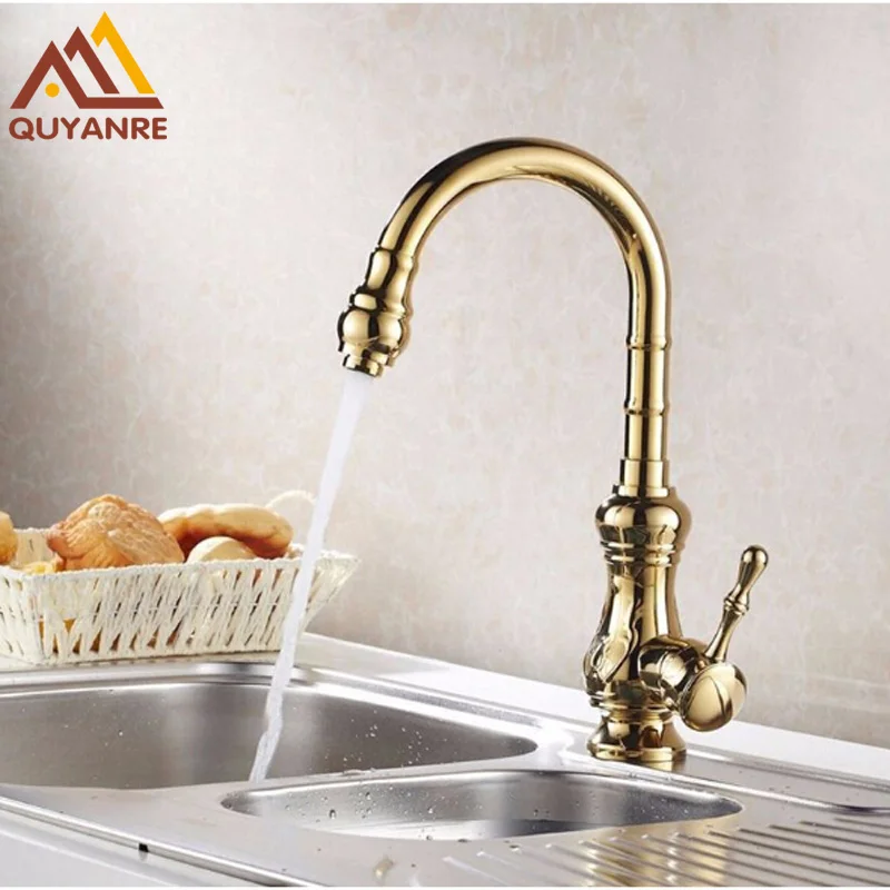 Golden Polish Kitchen Basin Mixer Faucets Single Hole Handle Hot Cold Sink Taps