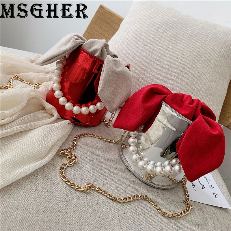 

MSGHER Handbags Women Summer Bucket Small Bags Fashion Pearl Chain Shoulder Bags Fashion Bowknot Crossbody Bags