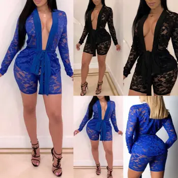 

HIRIGIN Full Lace Women Ladies Nightwear Palysuit Cocktail Party Beach Club Pajama Sets