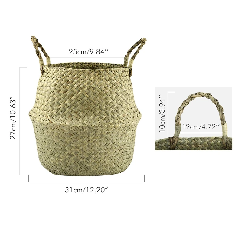 Natural Seagrass Belly Basket 31Cm Collapsible Handmade Plant Pot Planter Weave Tote Basket with Handle for Storage Laundry