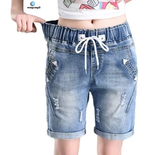 Новые летние джинсовые шорты женские керлинг отверстие Свободное длинное платье с длинными рукавами джинсовые штаны эластичные с высокой талией джинсы шорты плюс размер 5XL