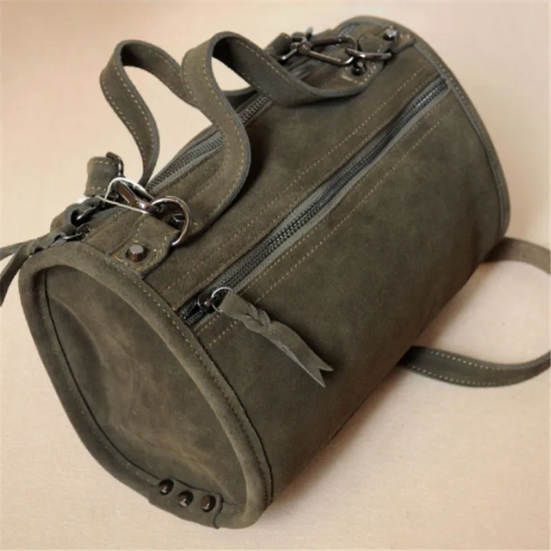 

B0118 LilyHood Female Suede Genuine Leather Rivet Shoulder Bag For Women Leisure Small Duffle Handbag Nubuck Bowler Crossbody