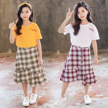 

2019 New Summer girls sets cotton T-shirts+plaid skirts 2pcs Suits Teenager fashion kids outfit outwears children clothing sets