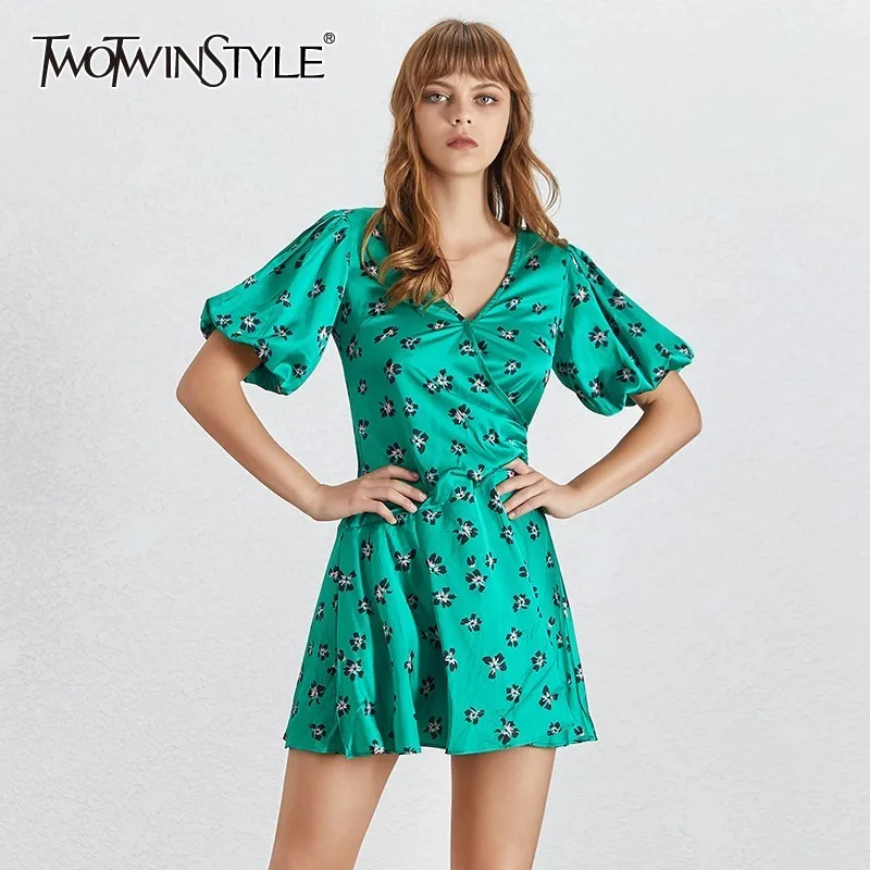 

TWOTWINSTYLE Summer Print Mini Dress For Women V Neck Short Sleeve High Waist Slim Dresses Female Fashion Clothes 2019 New