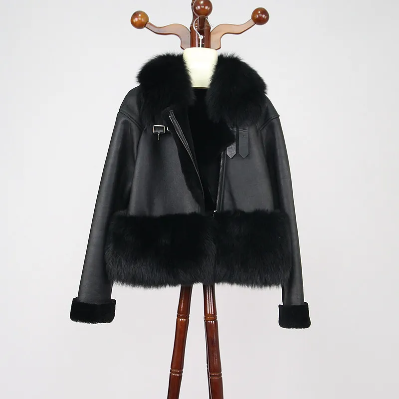 Розовые женские зимние куртки java QC8024, куртка из натурального Лисьего меха, пальто из овечьей шерсти мериноса,, модный стиль, куртка из натуральной кожи для девочек - Цвет: black