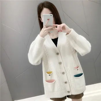 

Women Knitted Fall Cardigans Sweater With Button Long Sleeve Pocket Knitwear Outwear Casual Ladies V-Neck Sweaters Female