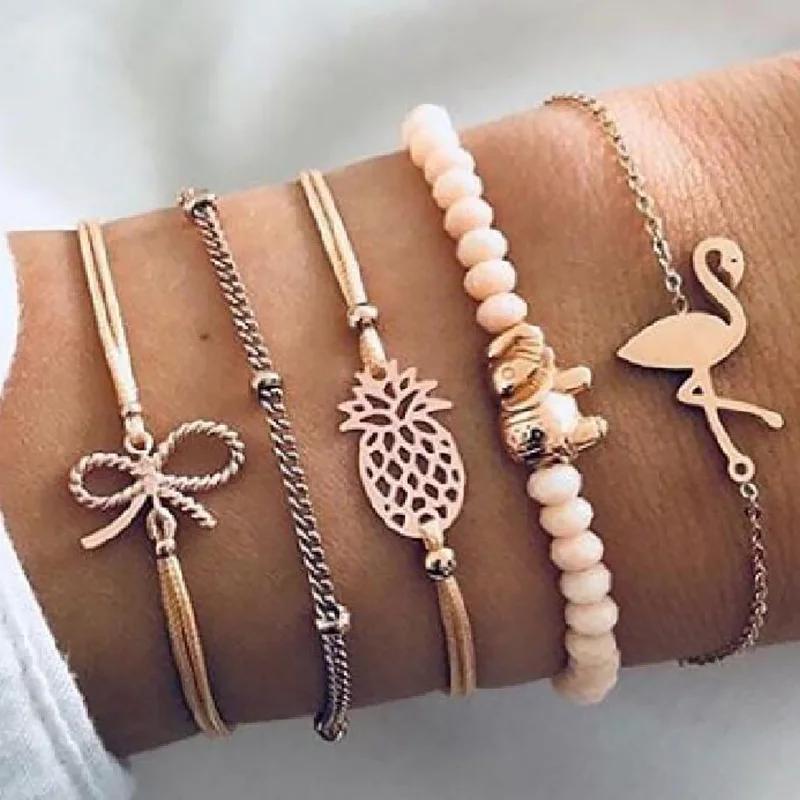 

5 pcs/set Flamingo Elephant Hollow Pineapple Bowknot Charm Bracelets Set For Women Gold Color Beads Link Chain Bangles Jewelry