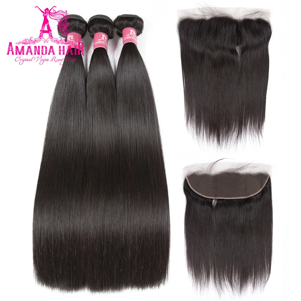 

Amanda Brazilian Straight Hair Bundles with Frontal Natural Color Remy Human Hair Bundles with Closure 13x4 130% Density