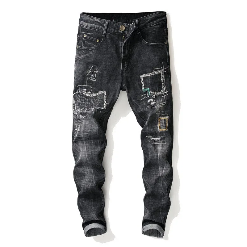 Mcik джинсовые лоскутные джинсы брюки мужские Slim Fit прямые байкерские джинсы черные повседневные брюки для мужчин вышивка размер 29-36